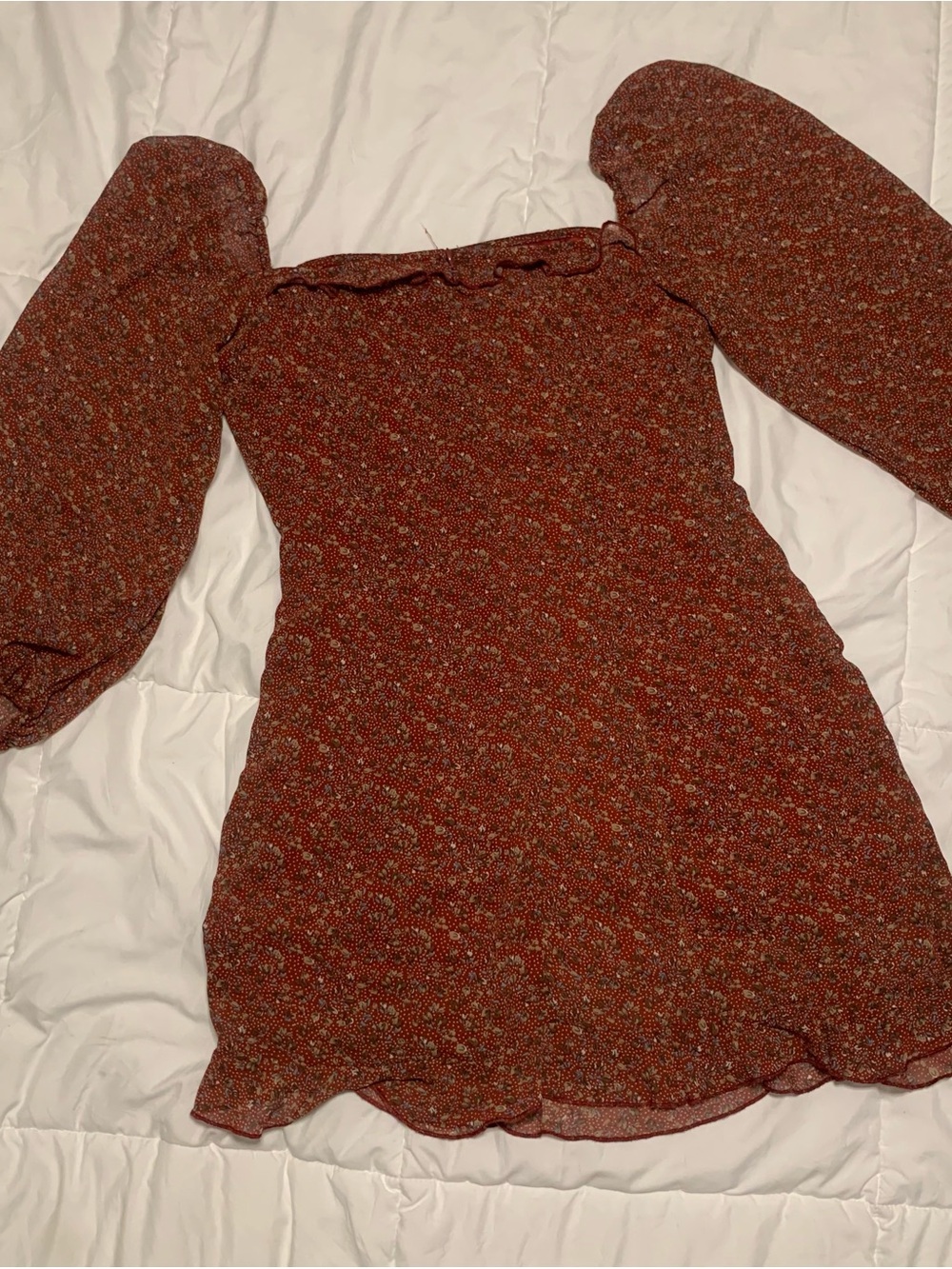SHEIN Rust Floral Smocked Off-Shoulder Long Sleeve Dress